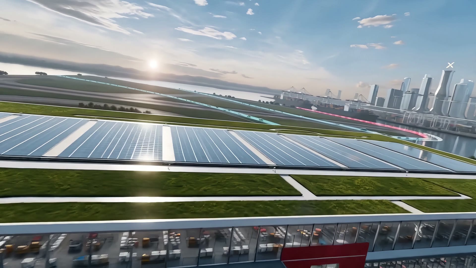 A cinematic flythrough of DrX's autonomous logistics world — warehouse, airport, seaport and HQ towers.